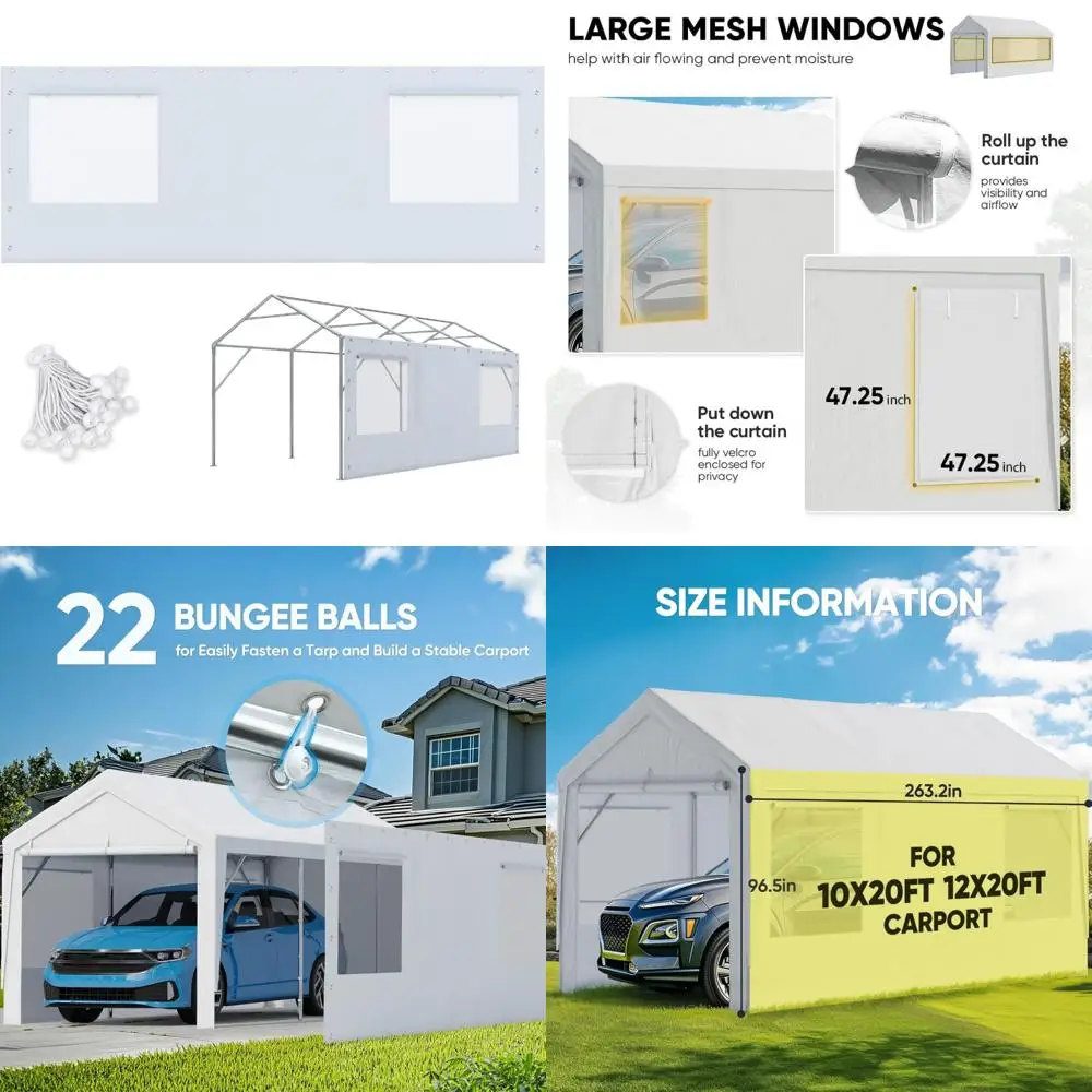 

Replacement Carport Tarp Canopy with Mesh Window and Sidewall Bungees for 10x20 or 12x20 ft Outdoor Party Tents