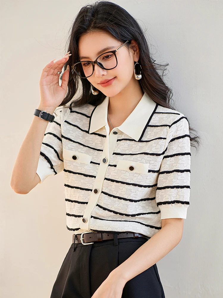 Striped Knitted Cardigan Sweater Women Short Sleeve Single-breasted Tops Jumpers 2024 Spring Stylish Fashion Chic Outwear