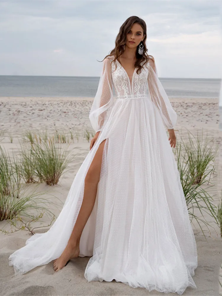 

Beach Tulle V-neck Wedding Dress Long Puff Sleeves High Slide Lace Appliques Bridal Gown 2024 Boho For Women vestidos de novia