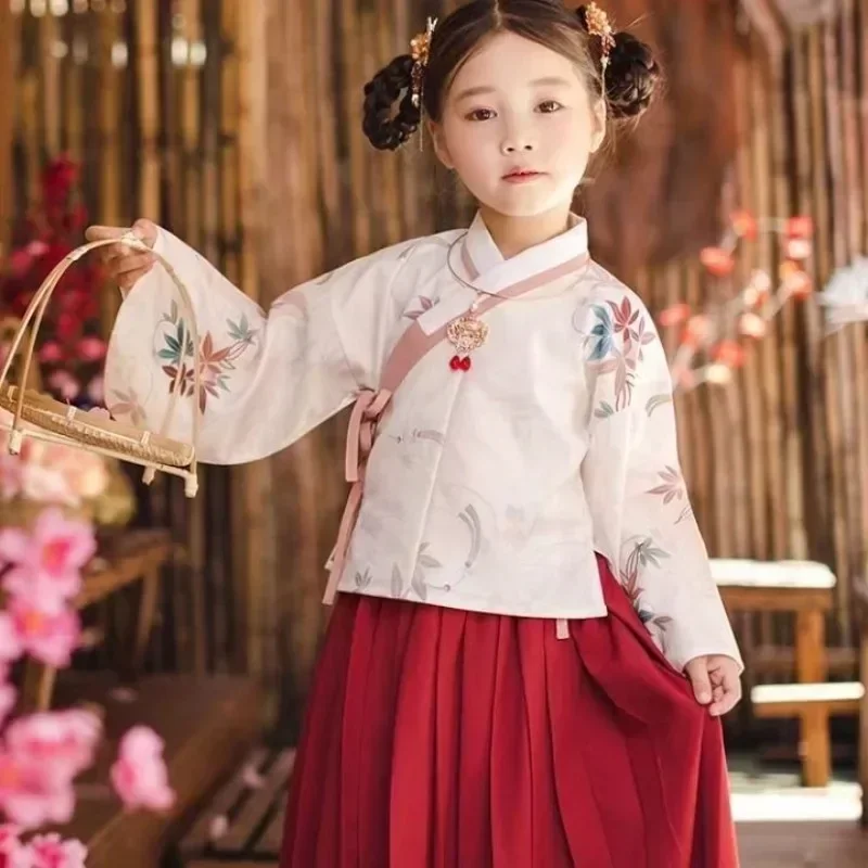 Autumn Ming Dynasty Cross Collar Printed Long Sleeved Hanfu Dress Girl 2023 Kawaii Children Stage Performance Cospaly Costumes