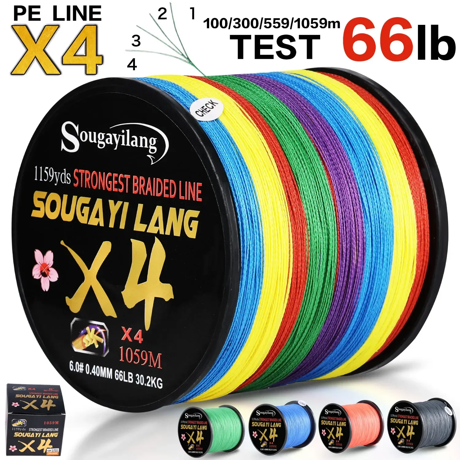 Sougayilang Braided Line 4X 100~1000m Japanese Fishing Line Drag 18~66LB Multifilament PE Line for Saltwater Sea Fishing