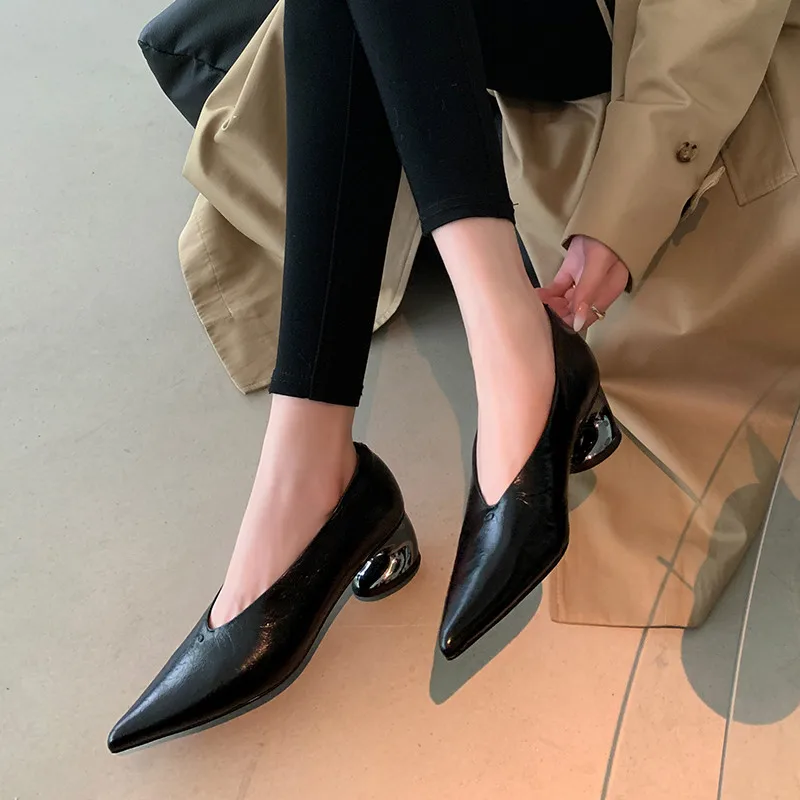 MKKHOU Fashion Pumps New High Quality Genuine Leather Pointed V-Mouth Strange Style High Heels Commuter Women's Shoes