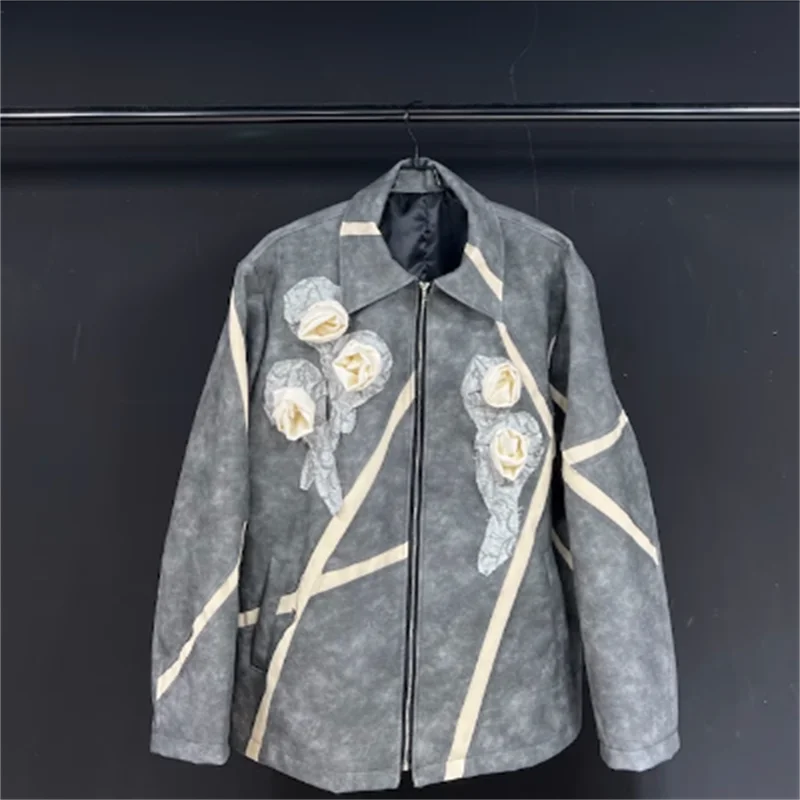 【custom】pu leather jacket coat top Autumn and winter new men's flower hand flower original design loose trend thick