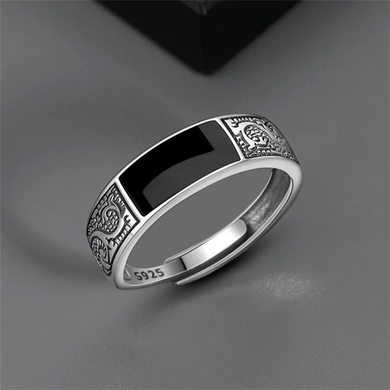 2024 Trendy Ring for Men Jewelry Black Rectangle Retro Dragon Pattern Ring Male Infex Finger Accessories Open