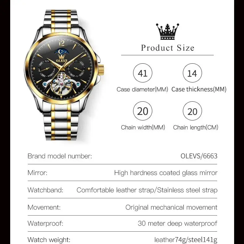 OLEVS 6663 Automatic Mechanical Watch for Man Moon phase Waterproof Flywheel Design Stainless steel Wristwatch Men Luxury Brand