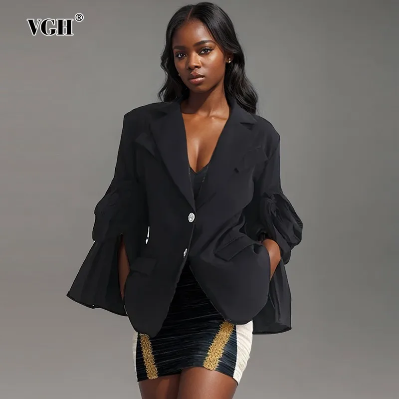 

VGH Solid Patchwork Folds Blazers For Women Notched Collar Long Sleeve Temperament Tunic Slimming Blazer Female Fashion Style