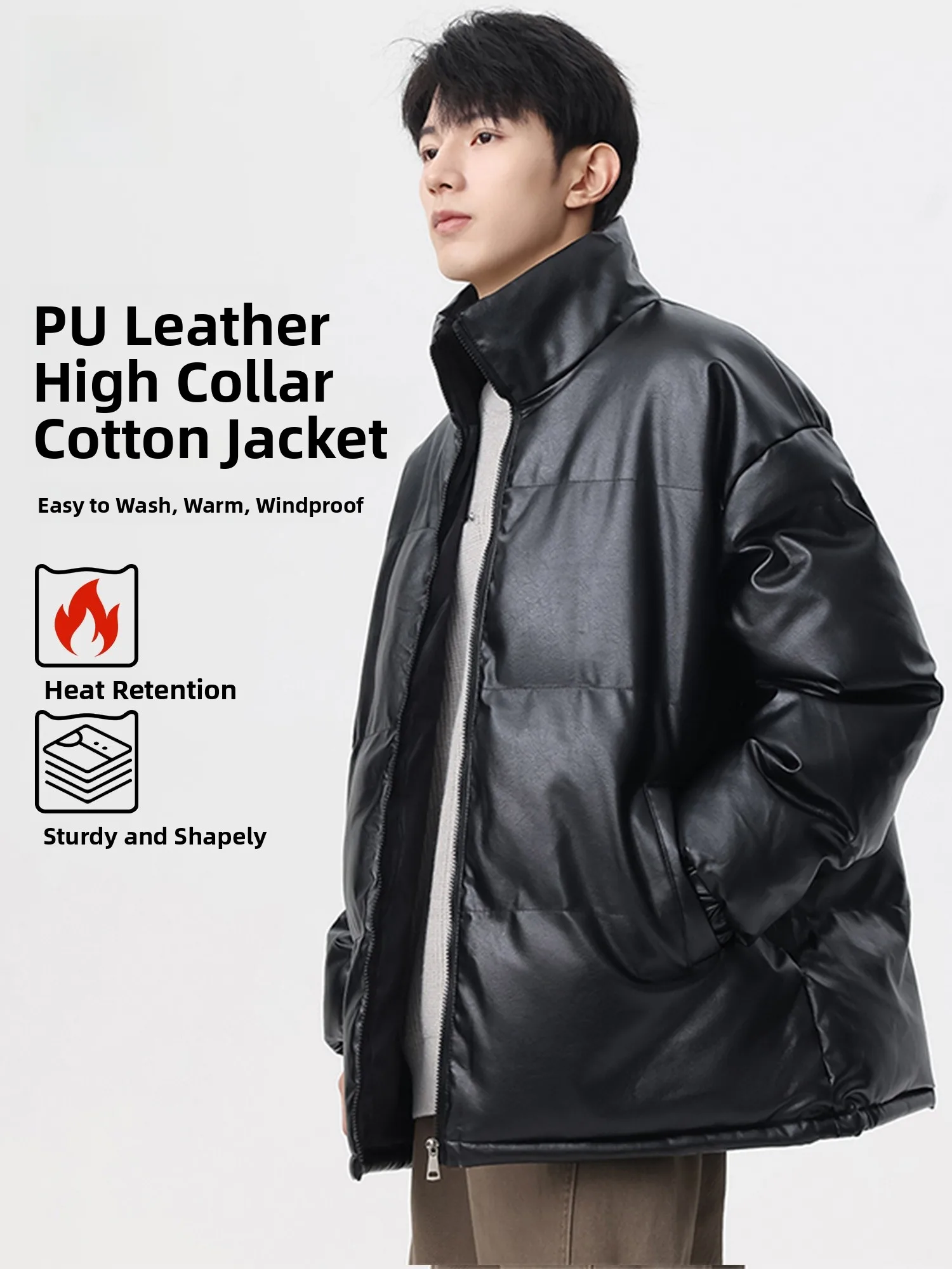 

Men's PU Leather Cotton Jaet Waterproof Motorcycle Bread Sle Coat Autumn Winter Streetwear Casual Warm Long Sve Zipper
