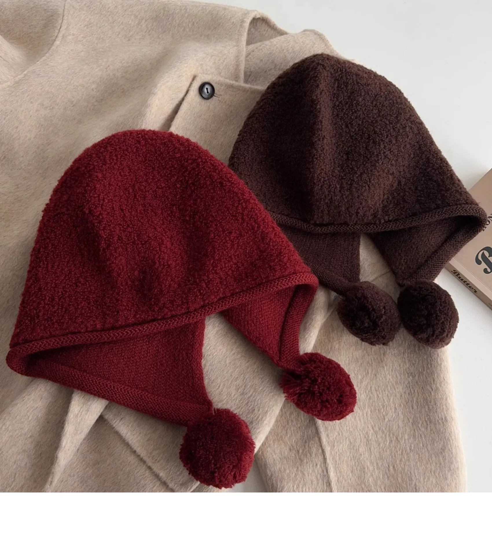 Women 100% Wool Knit Hat with Double Pom Poms Soft Warm Winter Ear Cover Hat Vintage Solid Red Coffee Gray Knitted Hat
