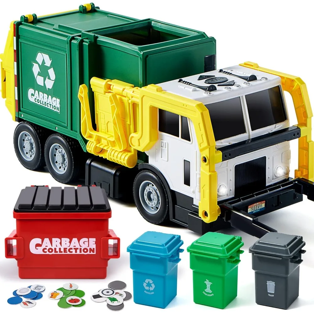 

Large Friction Powered Garbage Truck Toy with Dumpster Bins and Learning Cards Kids Birthday Gift Green