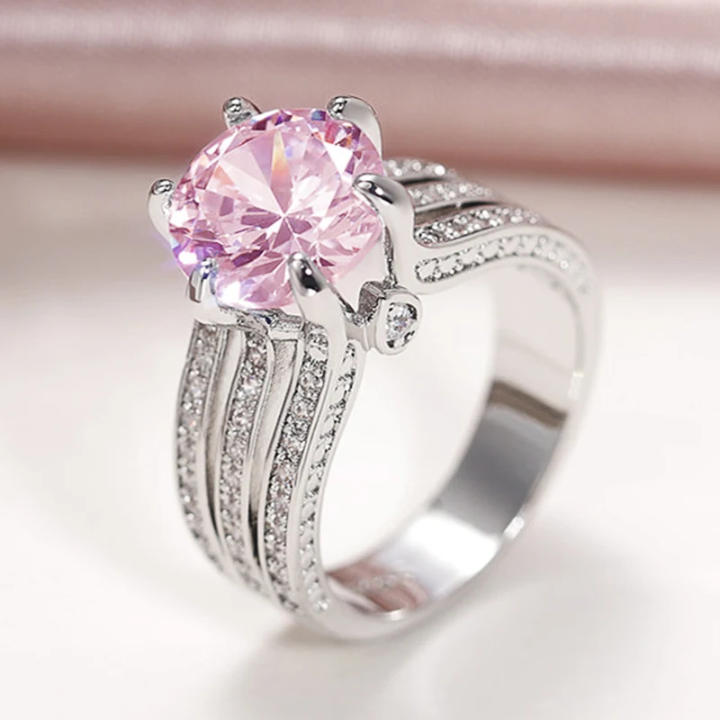 Huitan Luxury Trendy Wedding Engagement Rings for Women Three Metal Color Pink/White Cubic Zirconia Ring Wholesale Hot Jewelry