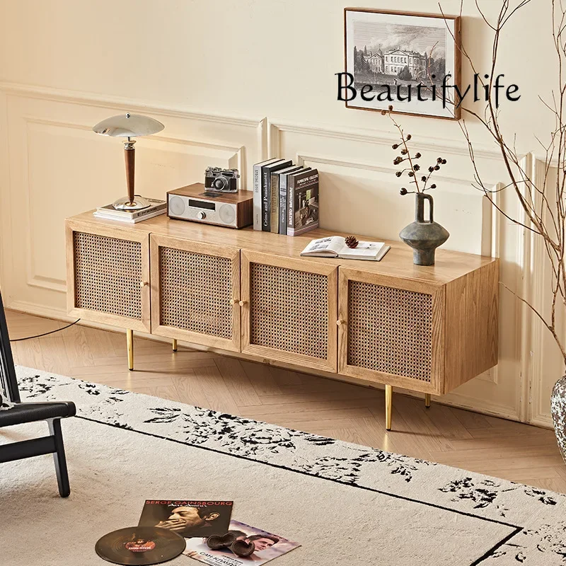 KS Wabi-sandy rattan living room four-door solid wood TV cabinet, antique simple living room floor-to-ceiling storage TV cabinet