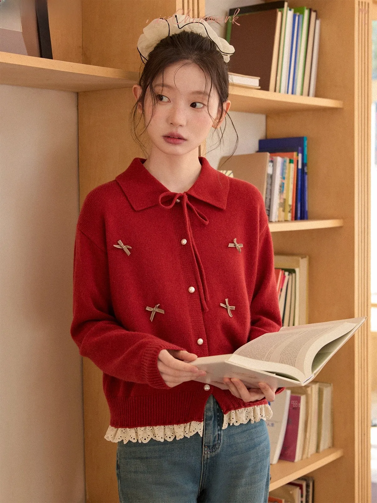 

Женский зимний вязаный кардиган Miss Squirrel Sweet Knot с воротником из кроличьего меха и длинными рукавами