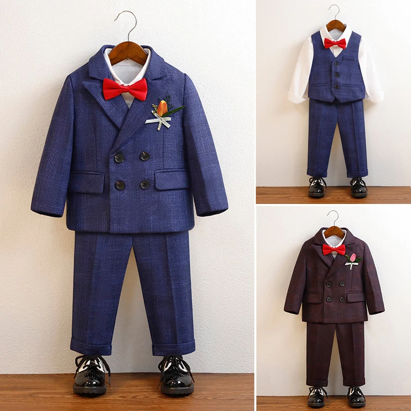 Kids Formal Suit Autumn 2024 New Boys Wedding Tuxedo Classic Plaid Host Piano Performance Costume for Children Birthday Outfits