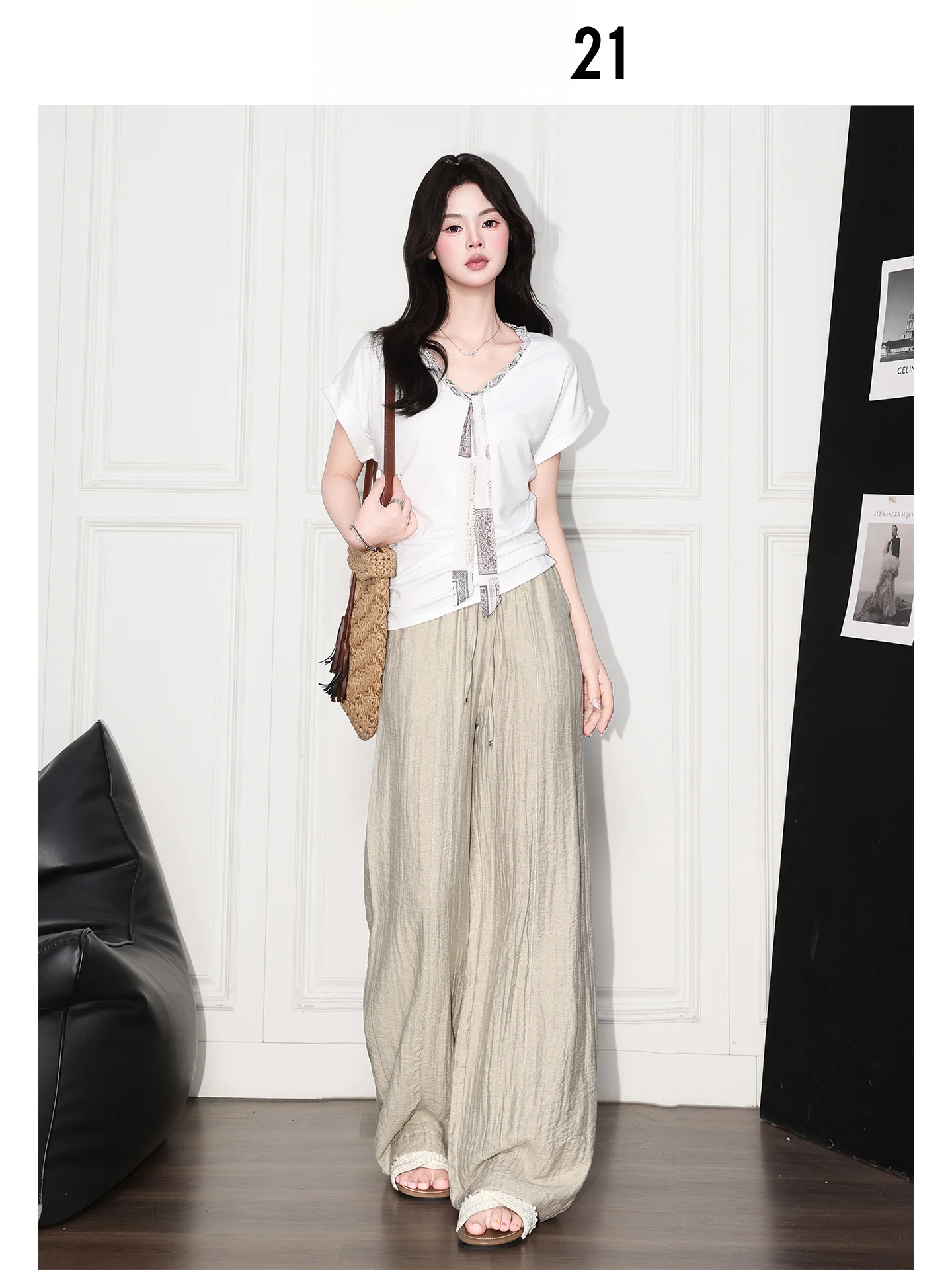 Pantalones de Lino de Pierna Ancha Casuales Forever 21 para Mujer, Color Marrón Claro, Cintura Alta, Estilo Holgado y Fluido, Estilo Old Money, Pantalones Rectos