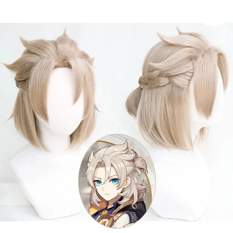 High Quality Game Genshin Impact Albedo Cosplay Wig Short Linen Braided Heat Resistant Synthetic Hair Anime Wigs   Wig Cap