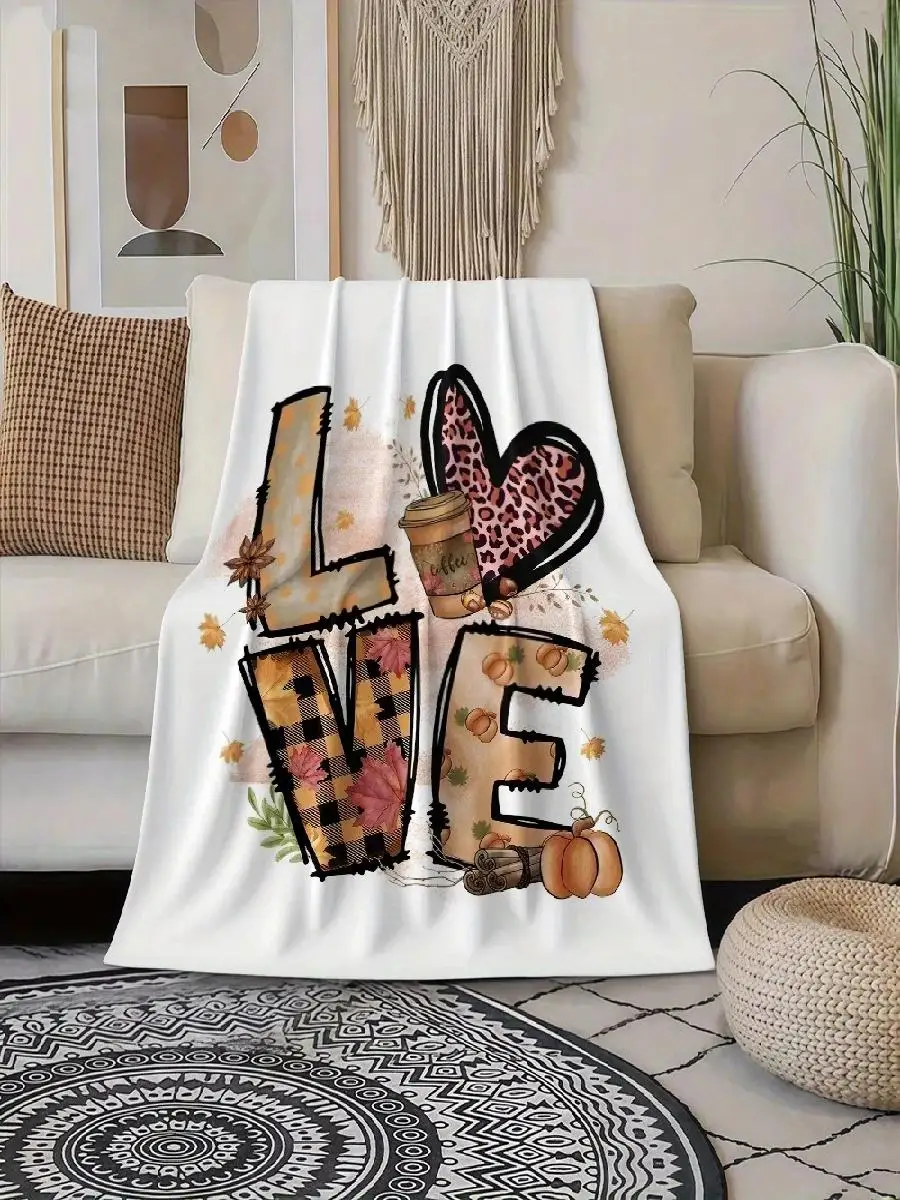 pc Cozy Flannel Blanket with LOVE Heart  Pumpkin Design  Soft Warm AllSeason Throw for Home Office Camping  Travel