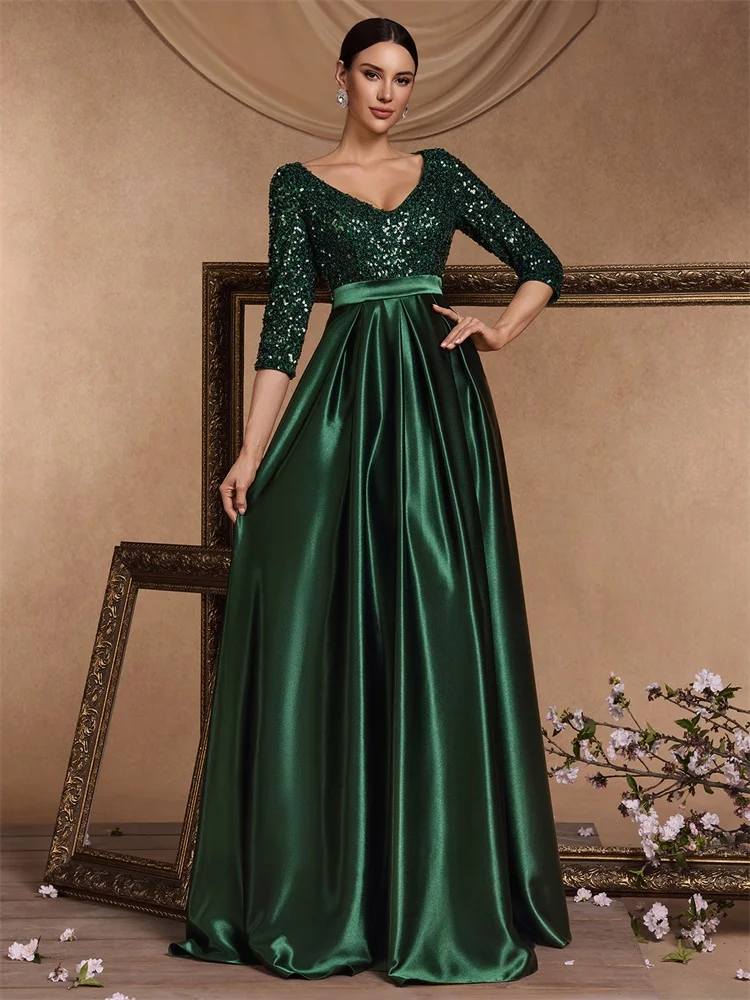 Lucyinlove-vestido de noche de manga corta con lentejuelas para mujer, elegante vestido verde de satén para fiesta de graduación, largo hasta el