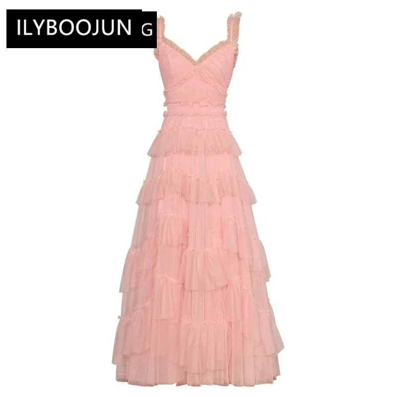 

Fashion Designer Summer Pink Mesh Dress Women's V-Neck Sleeveless Ruched Irregular Ruffle Elegant Slim Sling Long Dress