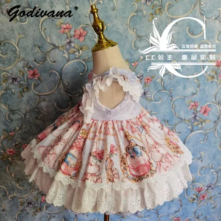 Original High End Pure Cotton Soft Cartoon Rabbit Print Lolita Princess Dress Kids Spanish Lace Trim Birthday Party Tutu Dress