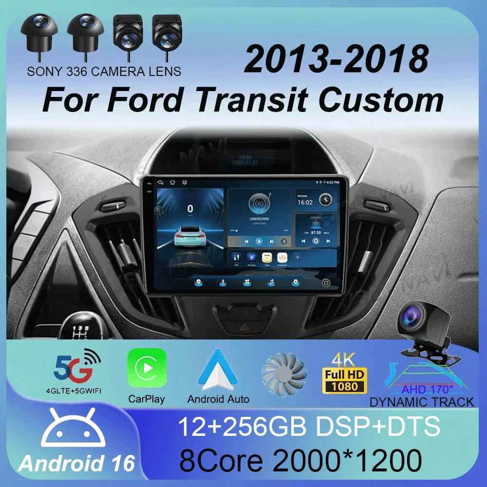 Android 16 Carplay Auto for Ford Transit Tourneo Custom 2013-2021 Navigation Car Radio 2 Din Multimedia Player Head Unit Stereo