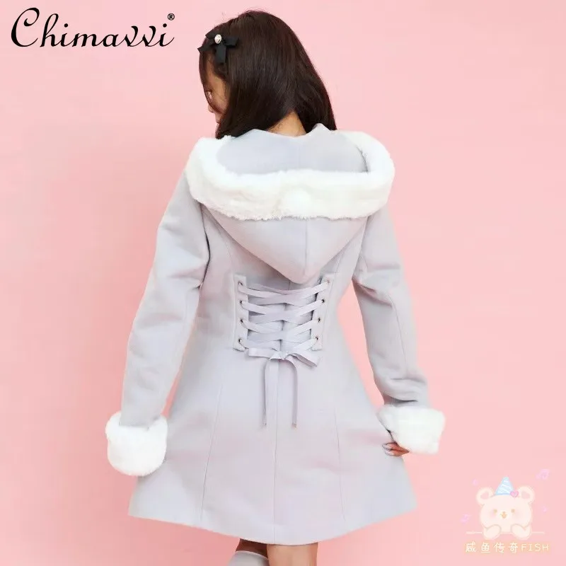 Japanese Sc Winter New Sweet Girl Ribbon Removable Hooded Jacket Mine Series Mass Production Slim Cute Long Lolita Woolen Coat