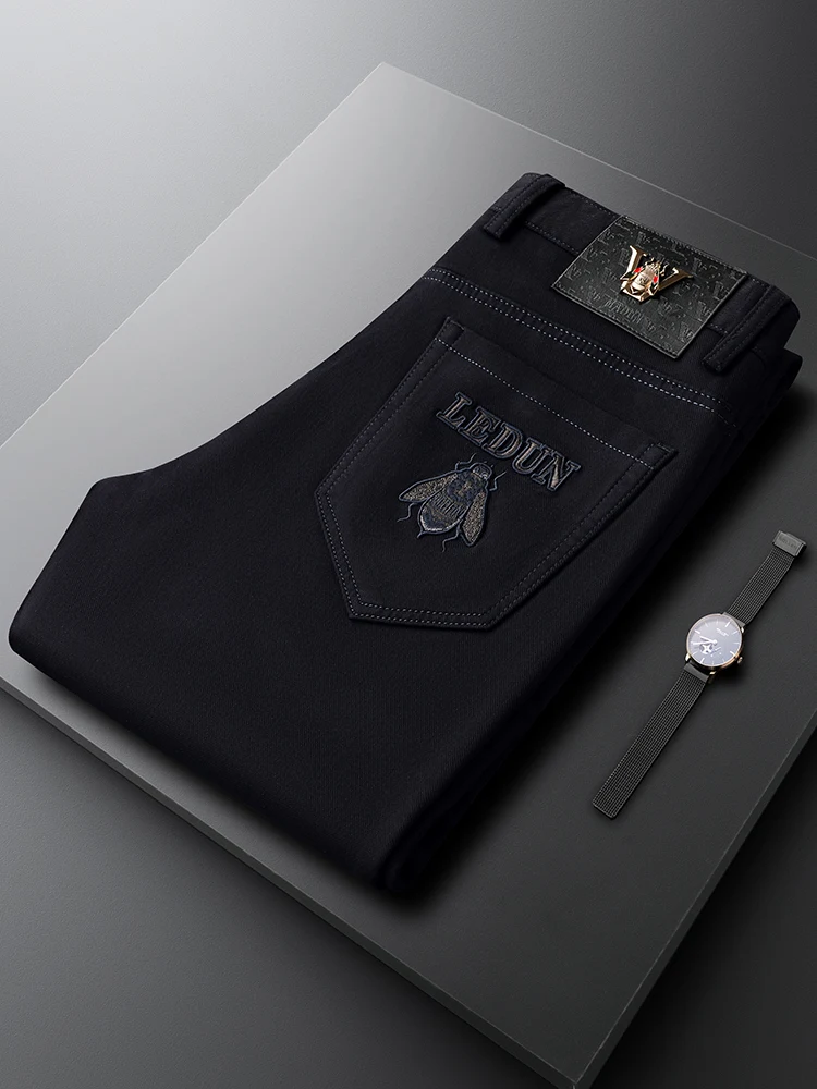 

Ele Quali Men's Casual Pants Elastic Straight Leg Busin Trousers Autumn Winter Letter Embroidery Slim Fit Jeans