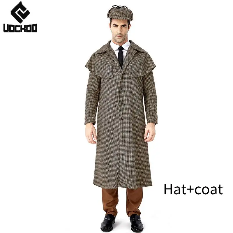 Men's Detective Costume Cosplay Victorian Sherlock Holmes Clothes with Trench Coat Hat for Halloween Male Cosplay Party Outfits view 4