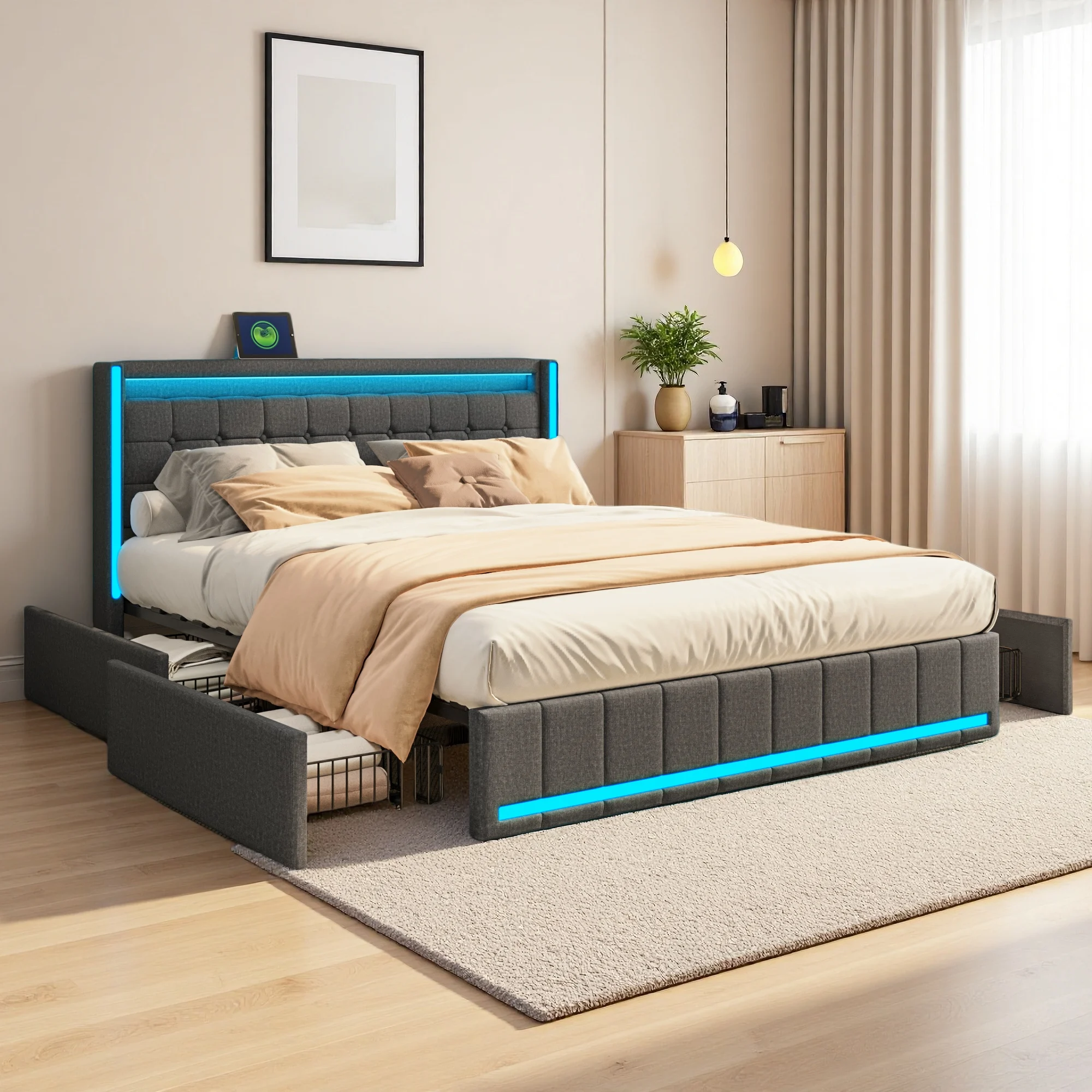 Cadre de lit double Comanlai 180x200 160x200 140x200 140x190, lit rembourré en lin avec éclairage LED, 4 tiroirs de rangement et port USB