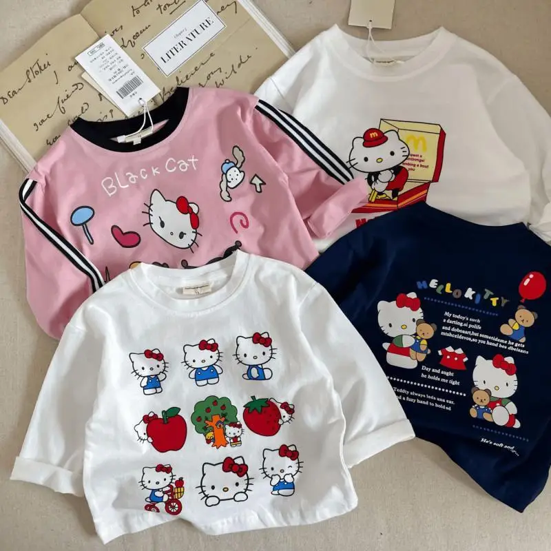 سانريو كورومي أنيمي فتاة القطن الخالص تي شيرت طويل الأكمام ملابس الأطفال الصبي الطفل سترة كيتي القط الخريف قاعدة قميص 2025