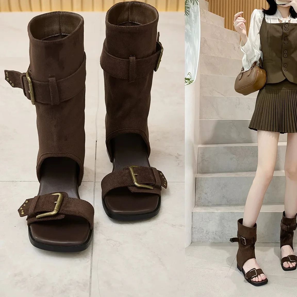 Sandalias de plataforma de estilo romano con hebilla de cuero genuino y terciopelo, de España, de tacón alto, informales, a l...