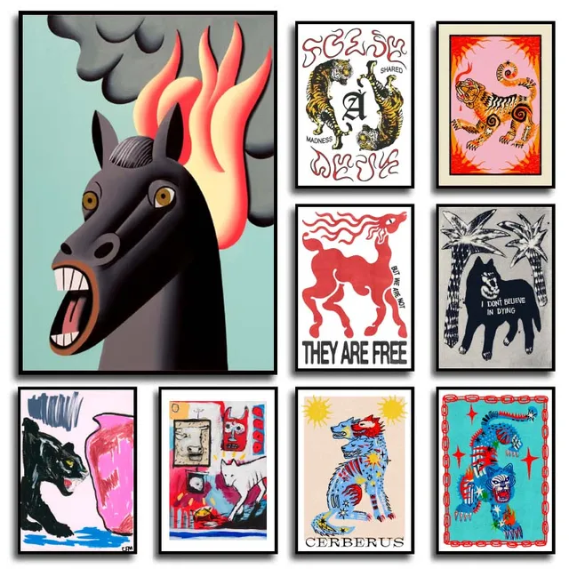 Vintage Abstract Animals Print Posters Mid Century Wall Art Canvas Painting Pictures for Living Room Bedroom Home Decor No Frame