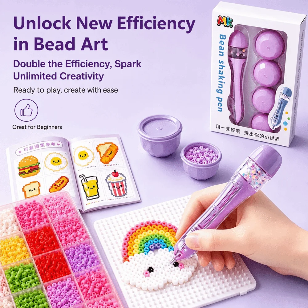 Press Type Perler Bead Shaking Pen Ergonomic with 5 Replaceable Bead Storage Pods Fuse Bead Placement Tool