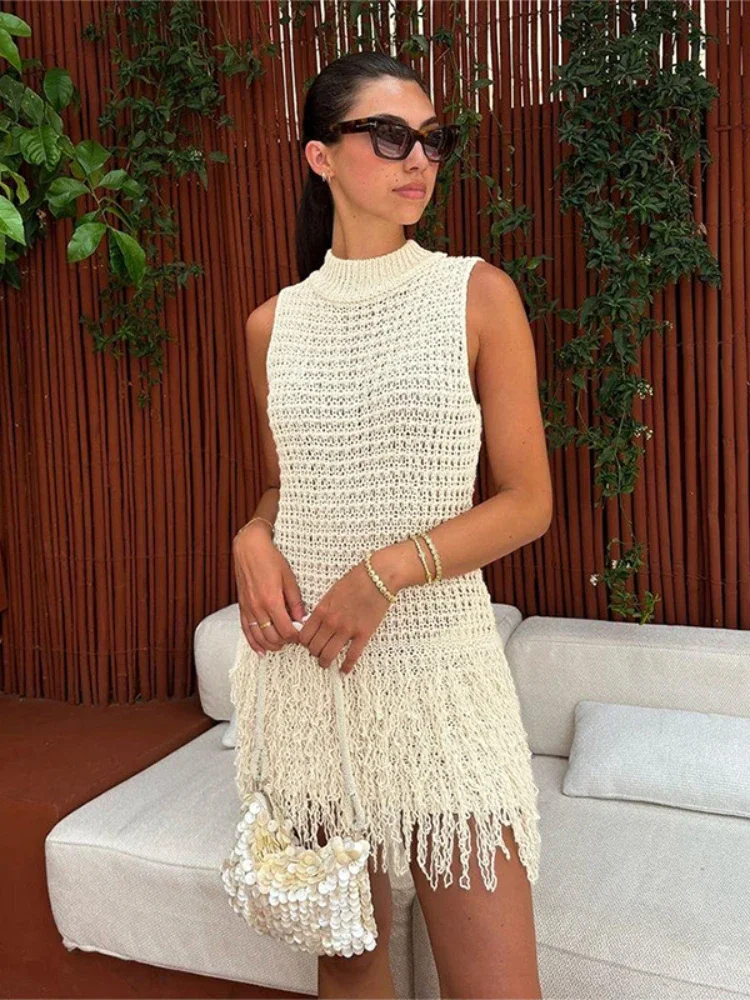 

Leosoxs Crochet Dress Women Sexy Chic Y2K Summer Trend Tassel Hem Sleeveless Stretch Fashion Beach Vacation Clubwear Bodycon