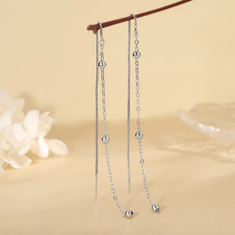 Long Tassel Ball Bead Threader Earrings Silver Metal Thin Chain Drop Ear Line Earrings Minimalist Dainty Women Daily Jewelry