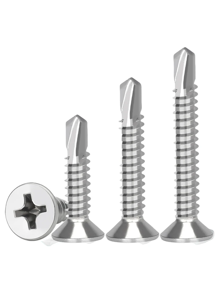 50PCS #8 M4.2 410 Sheet Metal Self-Tapping Screws 410 Stainless Steel Flat Head High-Strength Quick Self-Drilling Screws