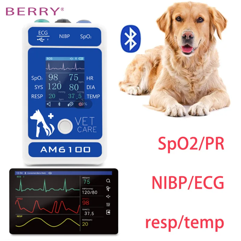 Vet Bluetooth Hanheld Monitors NIBP Blood Pressure ECG SPO2 Temp Pluse Oximeter Probe ARM Circufere Monitors Pet Hospital Clinic