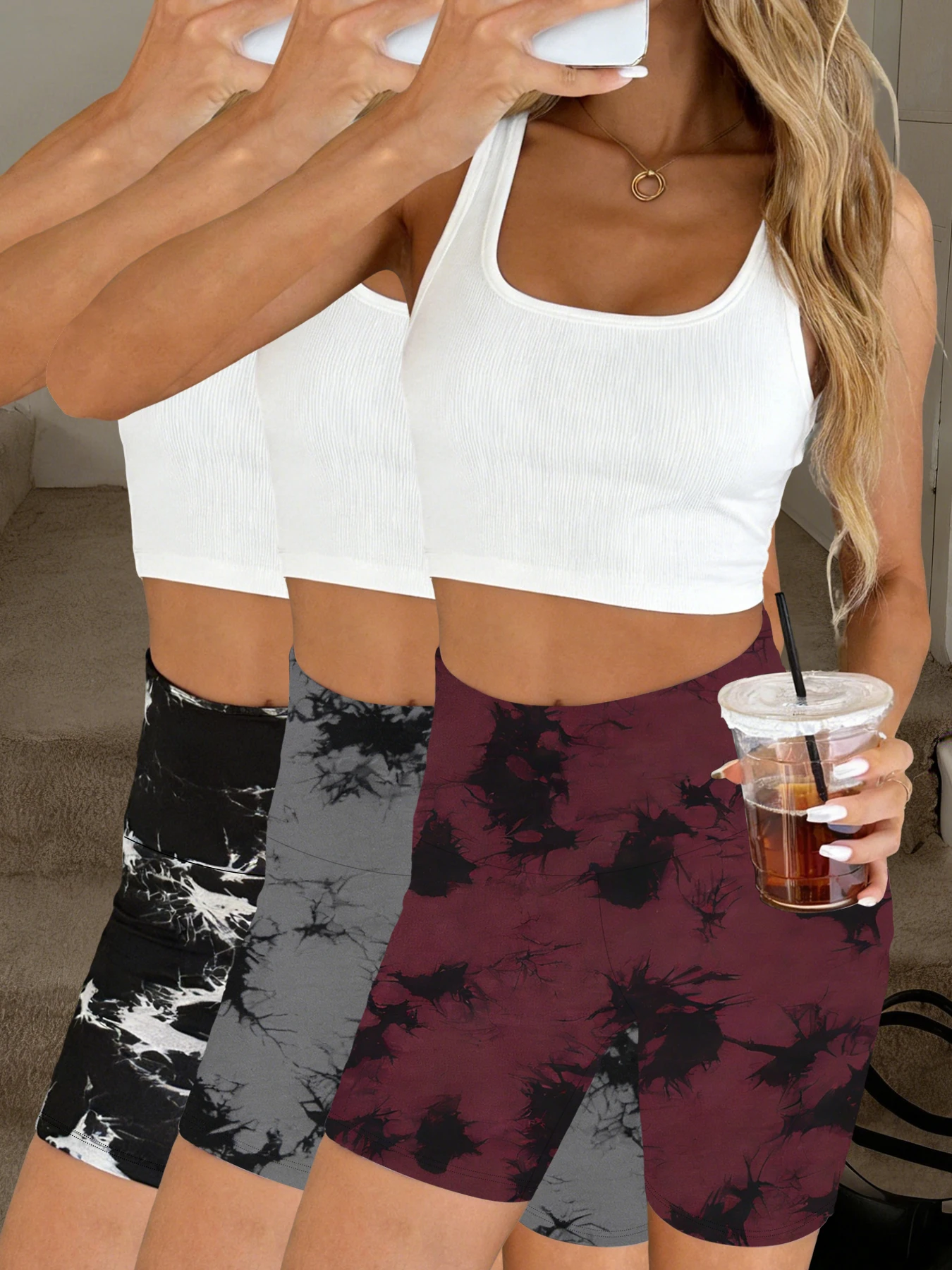 3 Pack Women Yoga Running Shorts Tie Dye Print High Waisted Super Soft No See Through Sport Biker Workout