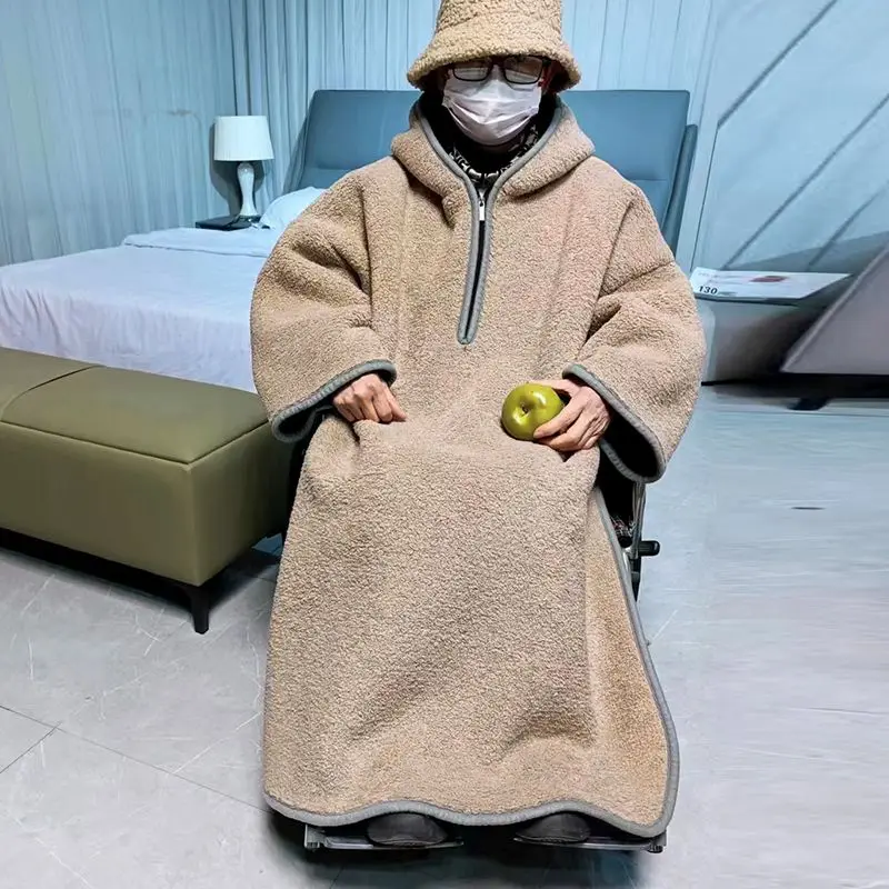 Fluffy Fleece Wearable Blanket Hoodie For Adults Cozy Warm Oversized Long Sleeve Loungewear With Zipper Home Bedroom Relaxing
