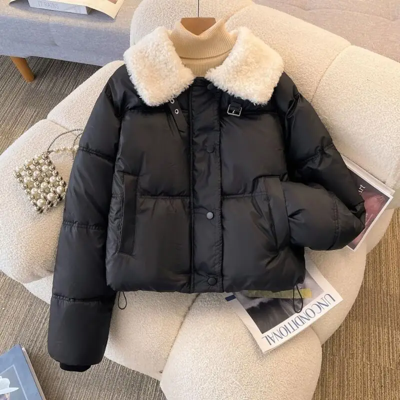 Frauen Winter Kurze Puffer Jacke Dicke Baumwolle Mantel mit Lamm Pelz Kragen Mode Oberbekleidung Nette Kawaii Trendy Neue