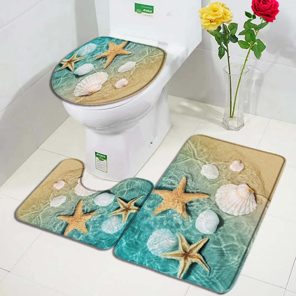 Mediterranean Bath Mat Set Blue Wooden Panel Starfish Conch Beach Carpet Home Bathroom Decoration Non-slip Rugs Toilet Lid Cover