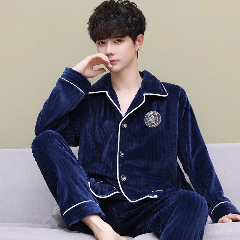 Men's  New Spring  Autumn Suit Fleece Coral Fleece Loungewear Flannel Can Be Worn Outside Autumn Winter Thickened Men's Pajamas