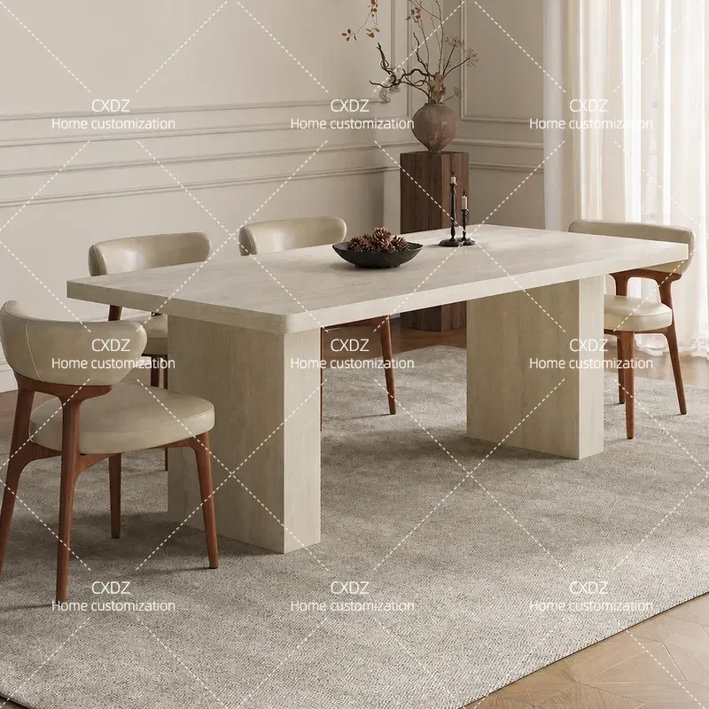 Modern Simple Travertine Rock Slab Dining Table and Chair Set Rectangular Kitchen Furniture for Small Apartment Living Room