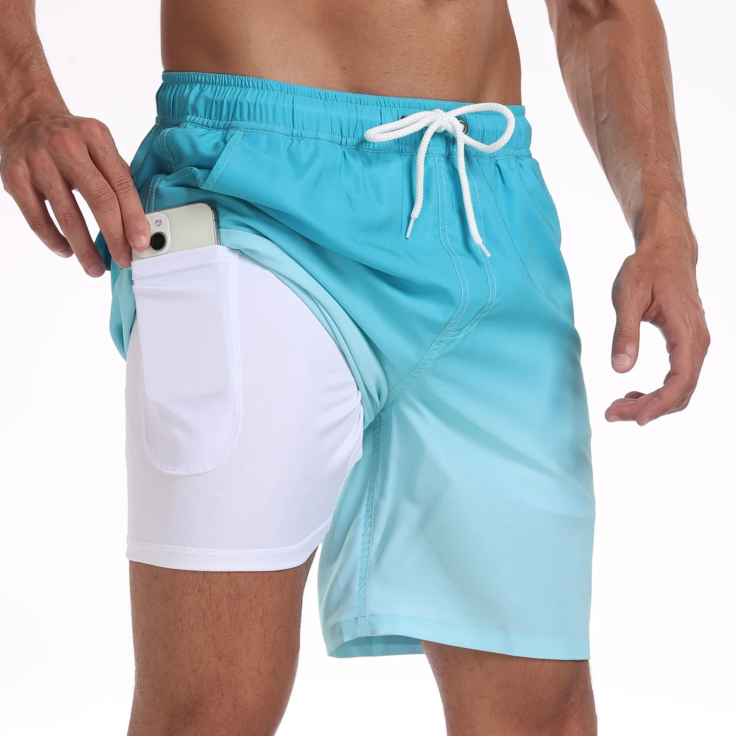 Men Double Layer Mesh Lining Swim Shorts Gradient Color Quick Dry Swim Trunks Beach Surf Board Shorts for Men with Pockets