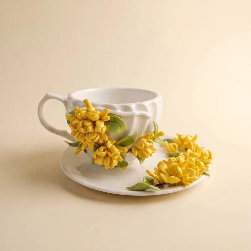 Hand-pinched Flower Ceramic Coffee Cup and Saucer Set Three-dimensional Flower Decoration  Household Water Cup Mug