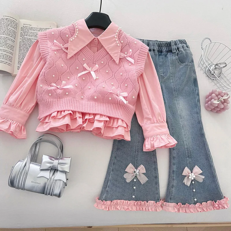 

Girls' Autumn Outfit2025New Year's Style Three-Piece Set with Stylish 3D Bow Knitted Vest, Shirt, and Jeans