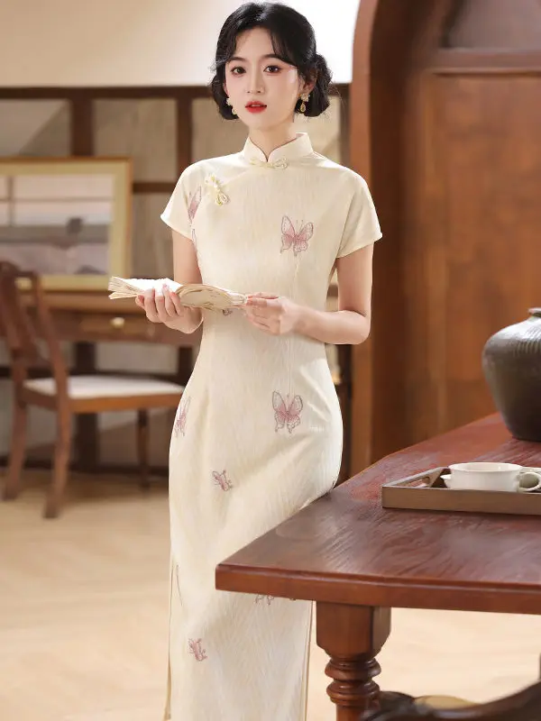 

Champagne Color Long Young Sle ort Sve Women's Flag Robe Vintage Sle Breathable Polyester Fiber Summer Dr