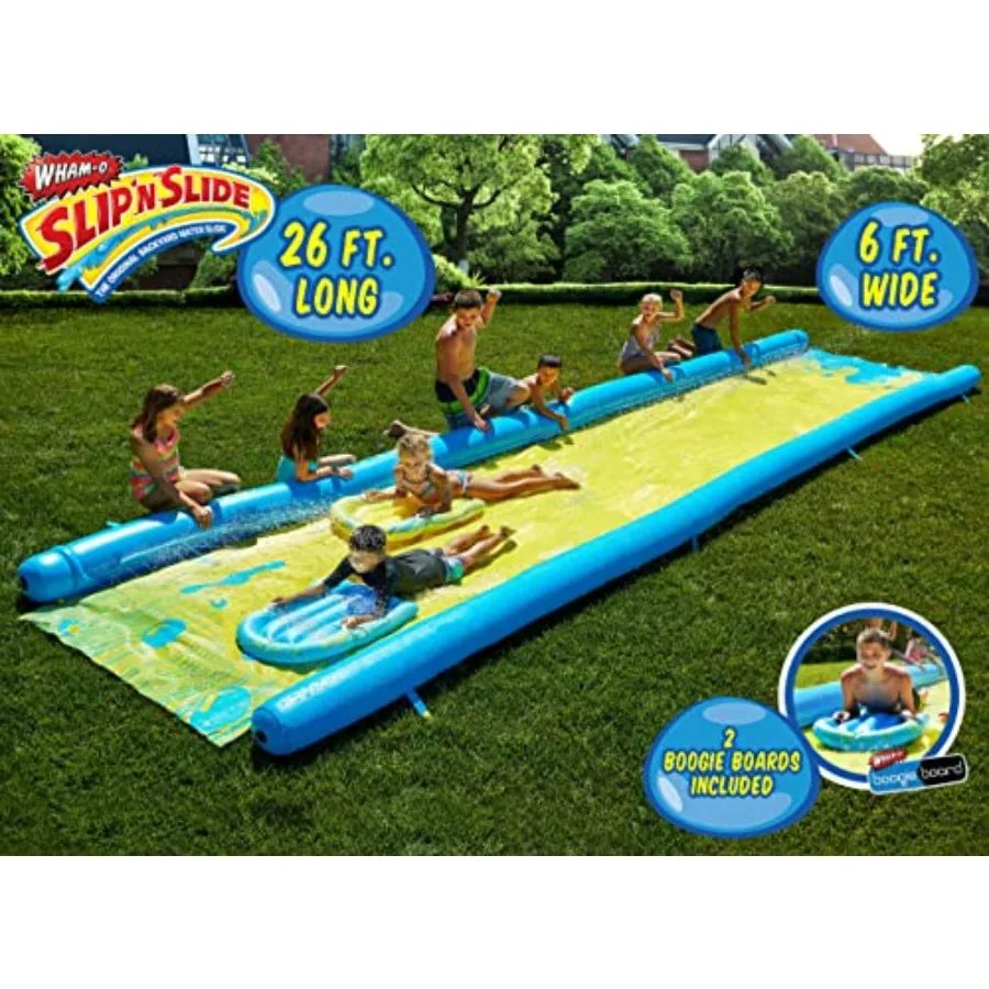 Outdoor water play slide for summer use, made of durable PVC plastic, blue and yellow color, extra-long 26-foot length with two