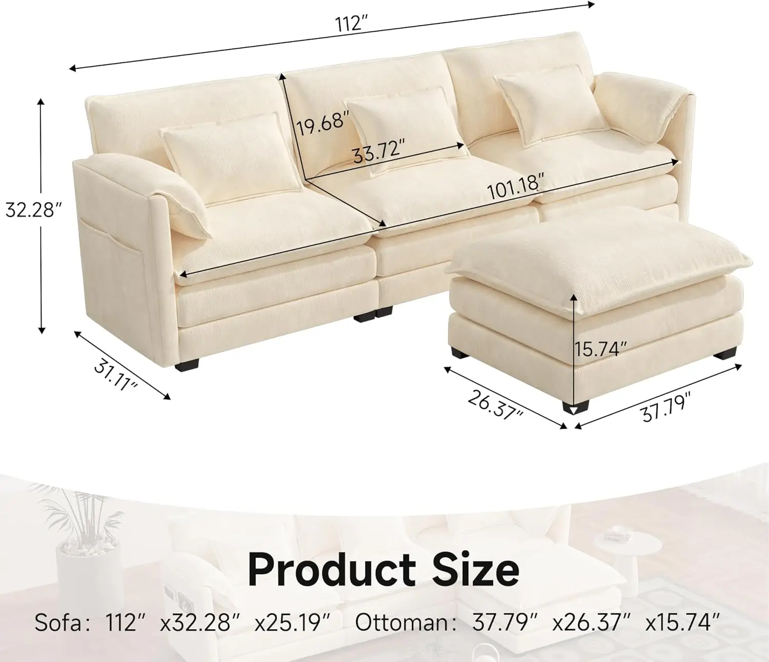 112 inch segmented sofa, L-shaped modular sofa, double-layer cushion and movable Ottoman style sofa,