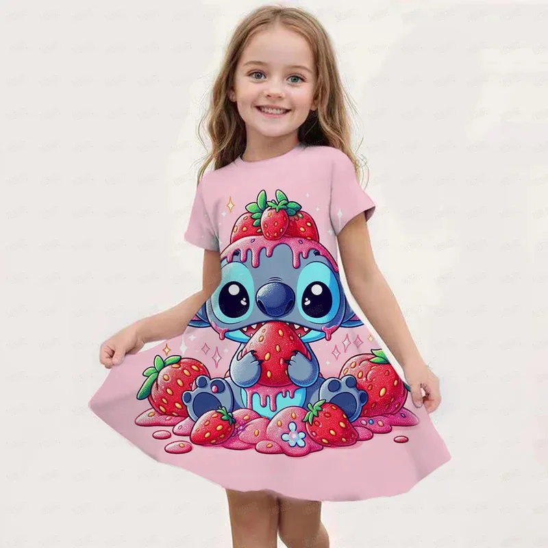 

2024 Summer Girls Short Sleeve Dress Cute Stitch 3d Printed Kids Skirt Fashion Trend Performance Clothing Breathable Casual Wear