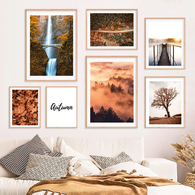 Nature Landscape Autumn Wind Deciduous Gorest Mist Lake Waterfall Scenery Wall Art Canvas Poster Nordic Print Picture Home Decor